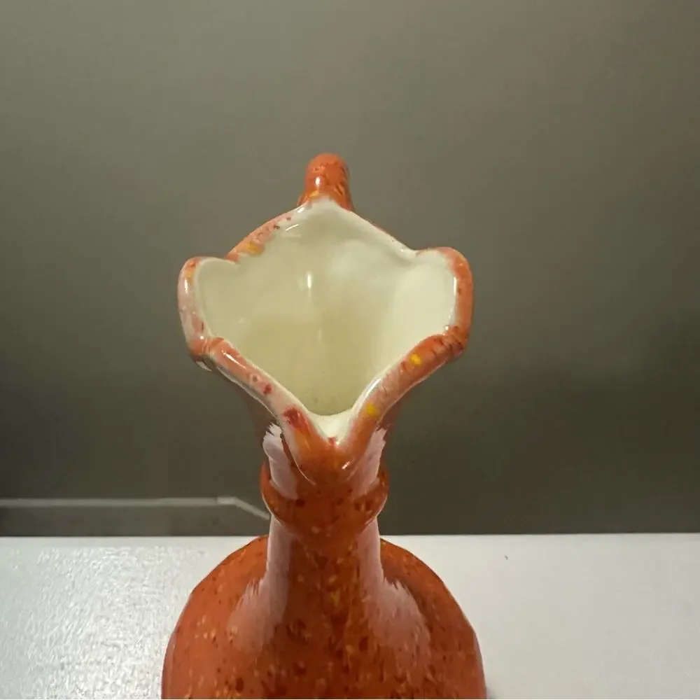 Vintage 1974 Handmade Ceramic Vase w/Handle Orange w/Yellow Red Specks 12” tall - Picture 7 of 9